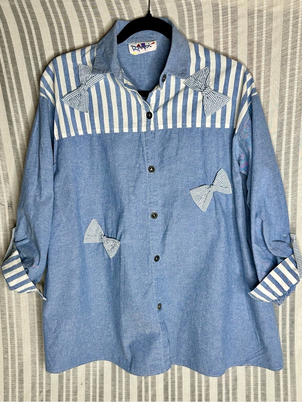 Vintage Randi coquette bow striped chambray shirt, over-sized, 100% cotton